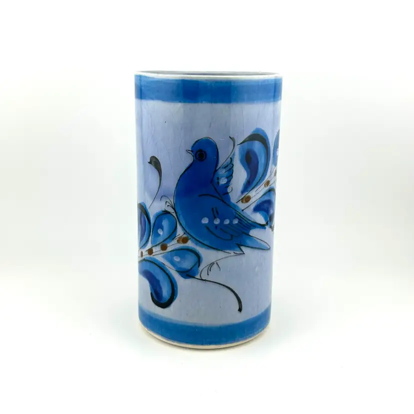 Vintage Blue Tonala Pottery Bird Tumbler/Vase 2.75”x 5.25”