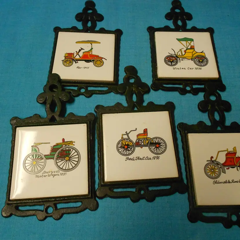 Vtg Lot/5 Cast Iron Old Car Motif Tile Trivets San-Huan