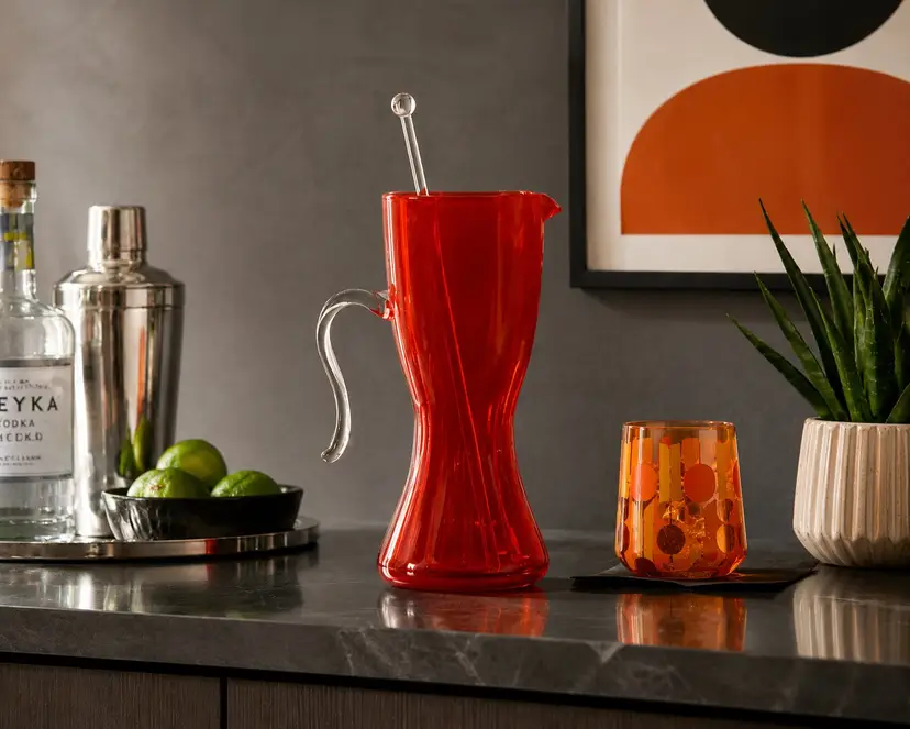 Vintage Reddish Orange Murano Style Glass Pitcher with Clear Handle