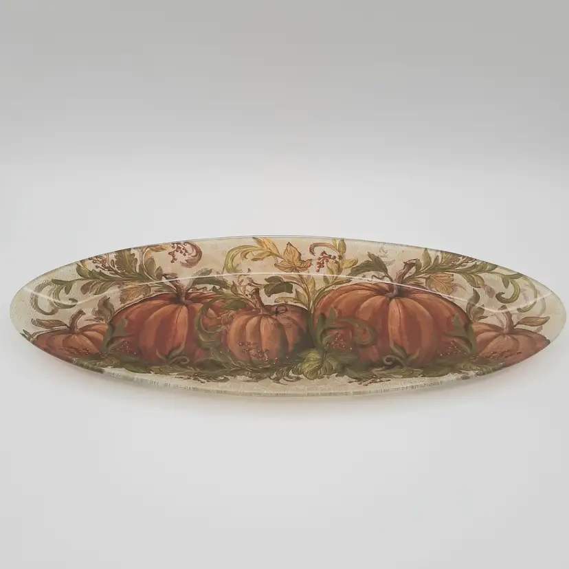 Prima Designs Pumpkins Glass Oval Serving Tray Dish Fall Autumn Thanksgiving Decor