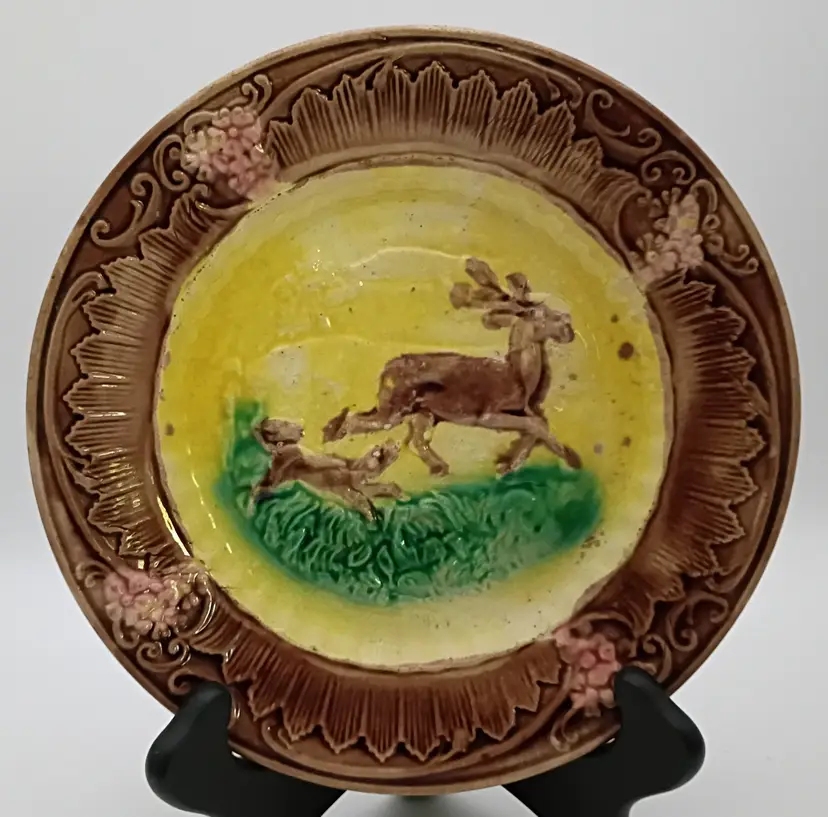 Antique Majolica Plate ~ Dog Chasing Buck/Deer ~ Ornate Brown Rim