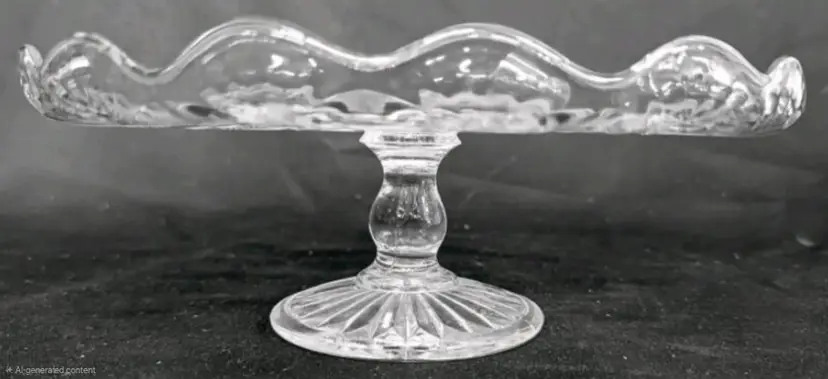 Vintage to Possibly Antique Clear Pressed Glass Scalloped Edge Footed Cake Stand, 8.2" Diameter × 3.15" Tall, No Chips or Cracks, Some Rough Spots Can Be Felt Near Seams