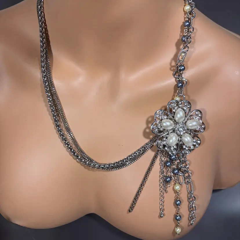 Original Arctic Angel Upcycled Silver Tone Chain & Faux Pearl Flower Necklace - 28” - Signed