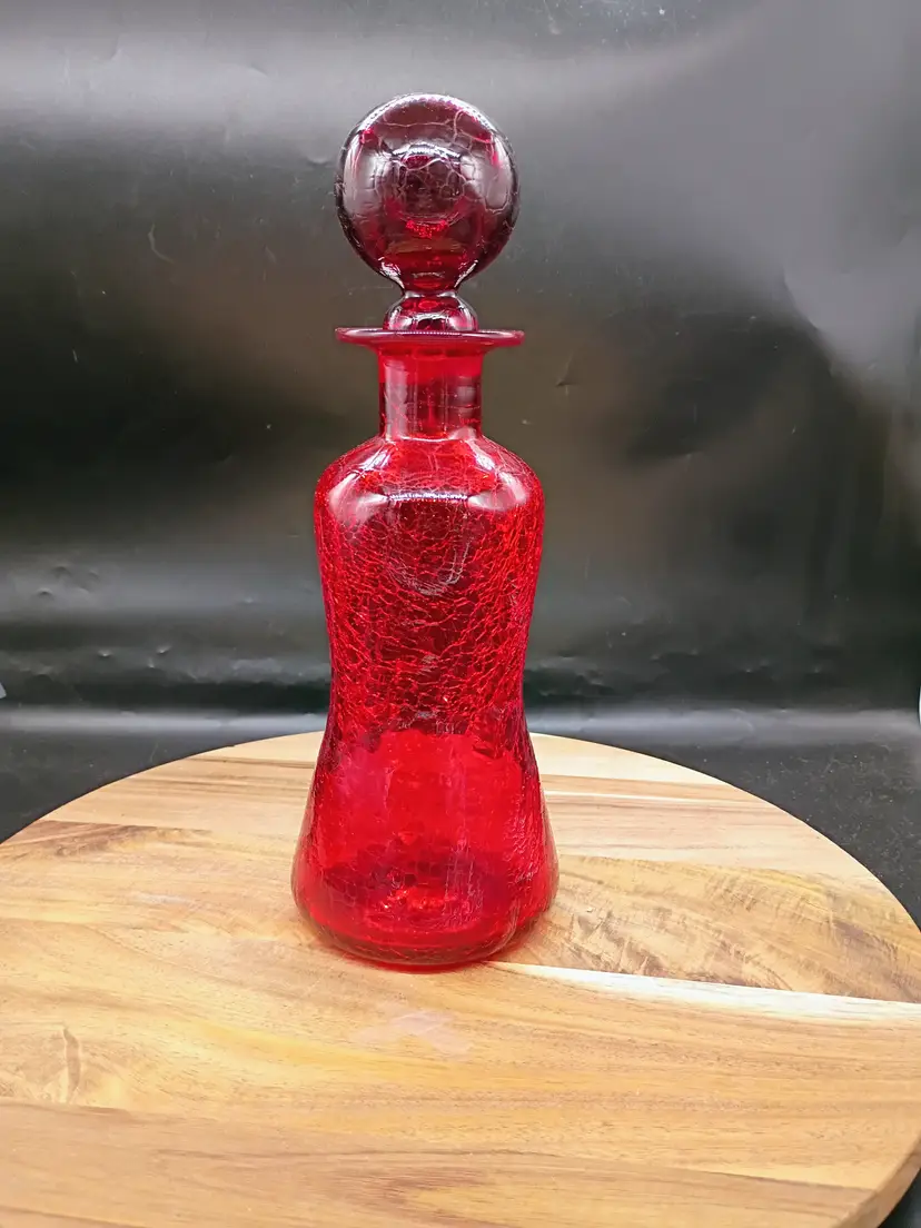 Vintage Rainbow Ruby Red Crackle Glass Pinched Waist Decanter With Ball Stopper.