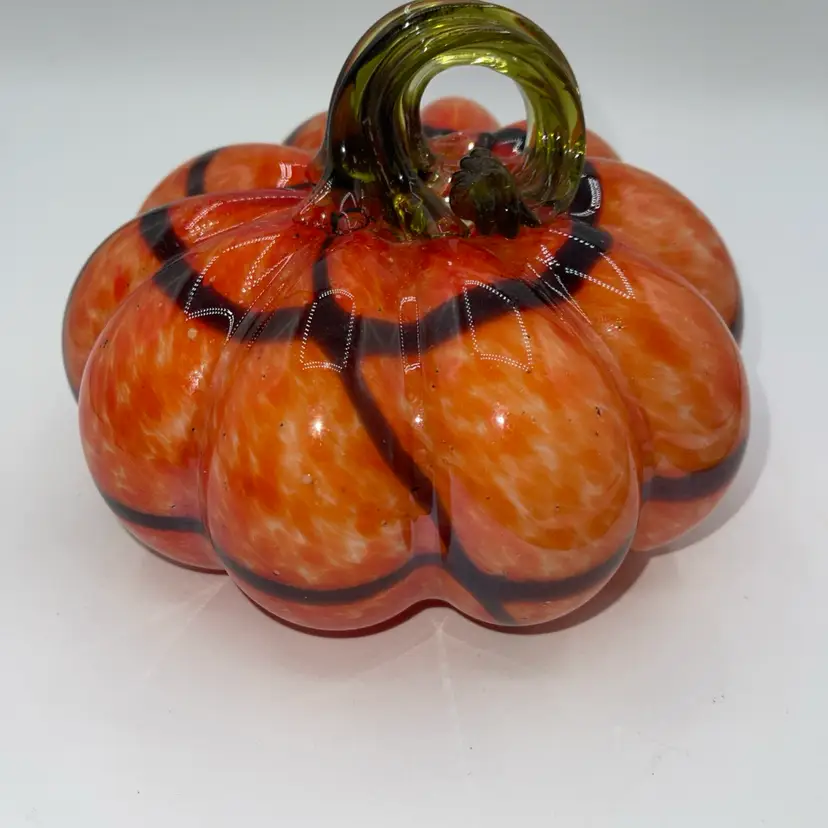 Art Glass Pumpkin Figurine Orange And Brown With Green Stem 6.5” x5”