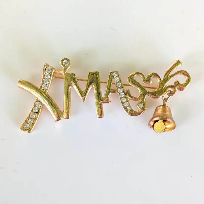 Vintage XMAS Rhinestone Brooch with Bell Charm