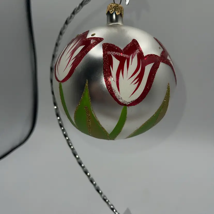 hand Painted Blown Glass Ornament With Tulips 4 1/2 Inches