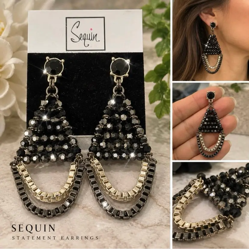 $138 Nordstrom sequin Statement Dangle Drop Earrings Black Faceted Beautiful Sparkly New Gift