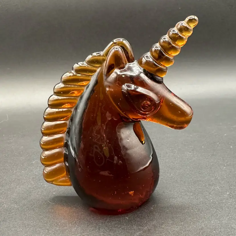 Rootbeer Amber Unicorn Head Paperweight 4”T Unsigned