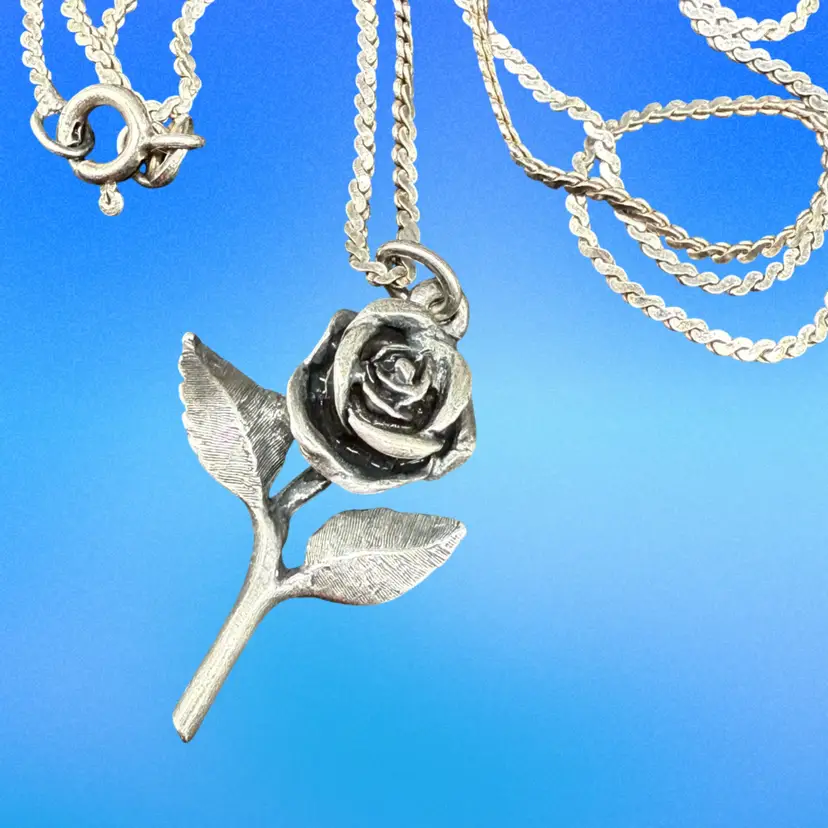 Retired James Avery Sterling Silver Long Stem Rose Pendant Necklace 20" S Chain