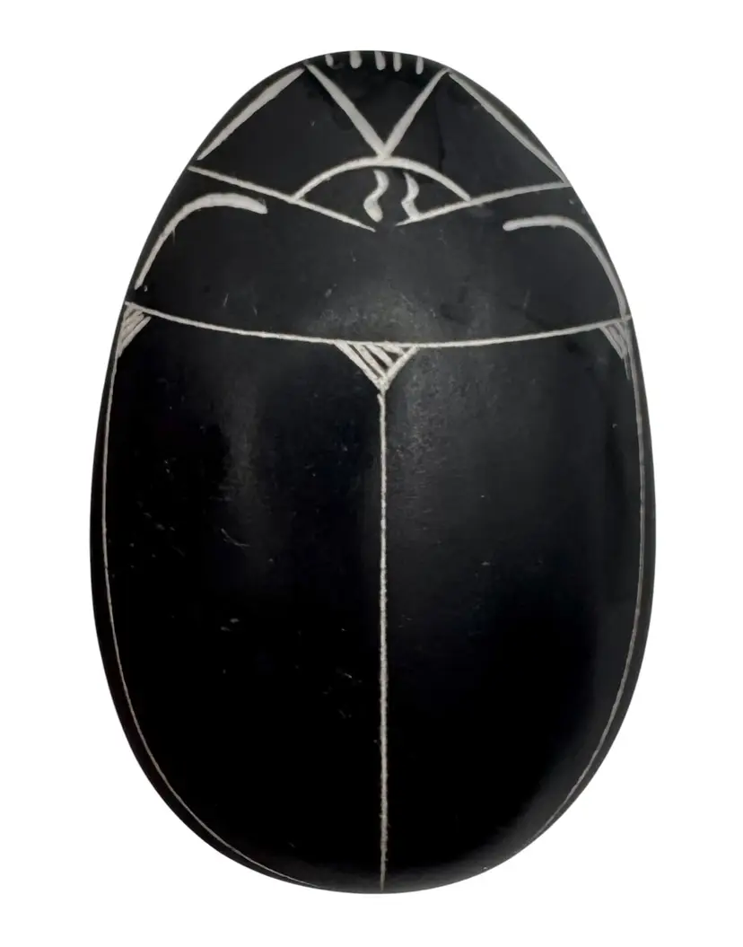 Vintage Hand Carved Stone Scarab Beetle Figurine Black Egyptian Hieroglyphics