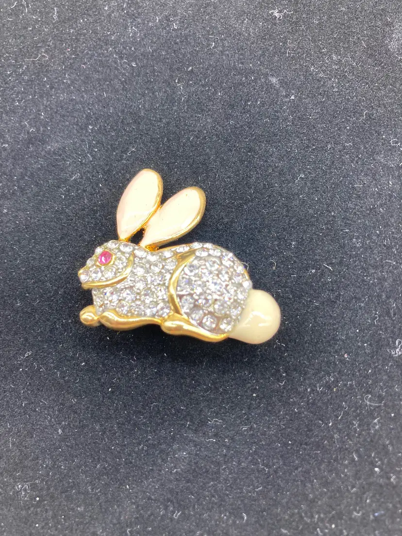 Clear Rhinestone Crystal and Enamel Easter Bunny Rabbit Pin Brooch