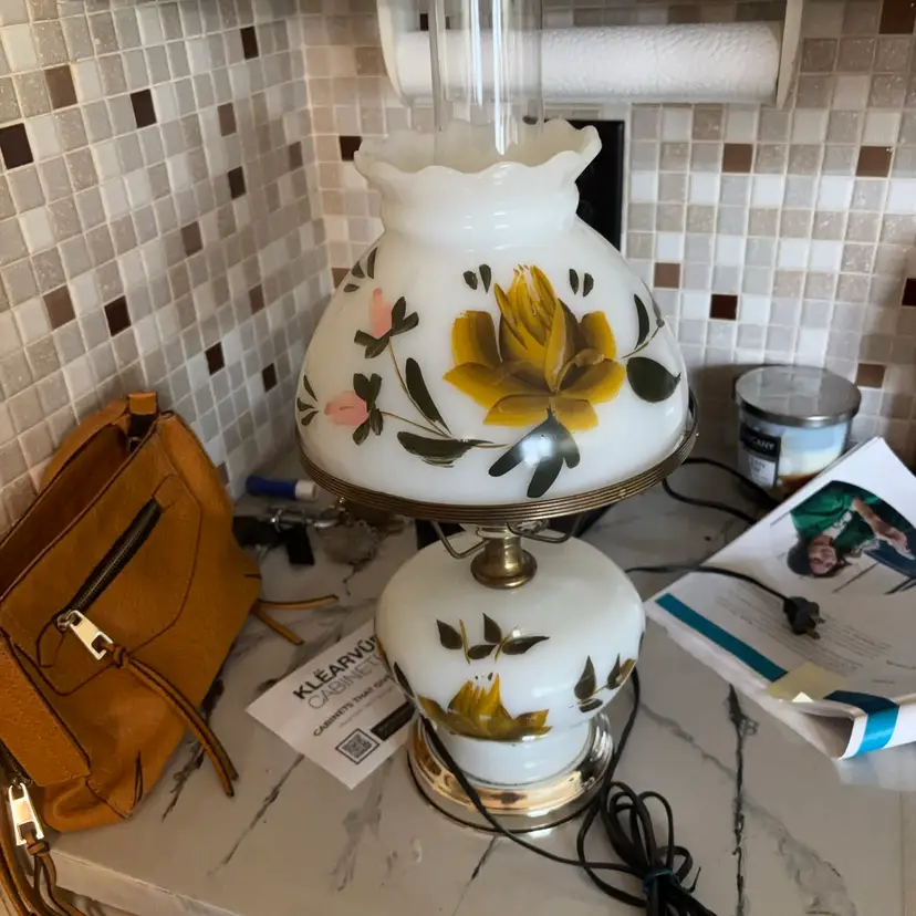 MCM White Milk Glass Parlor Lamp Hand Painted Yellow Rose Wildflower Hurricane Light