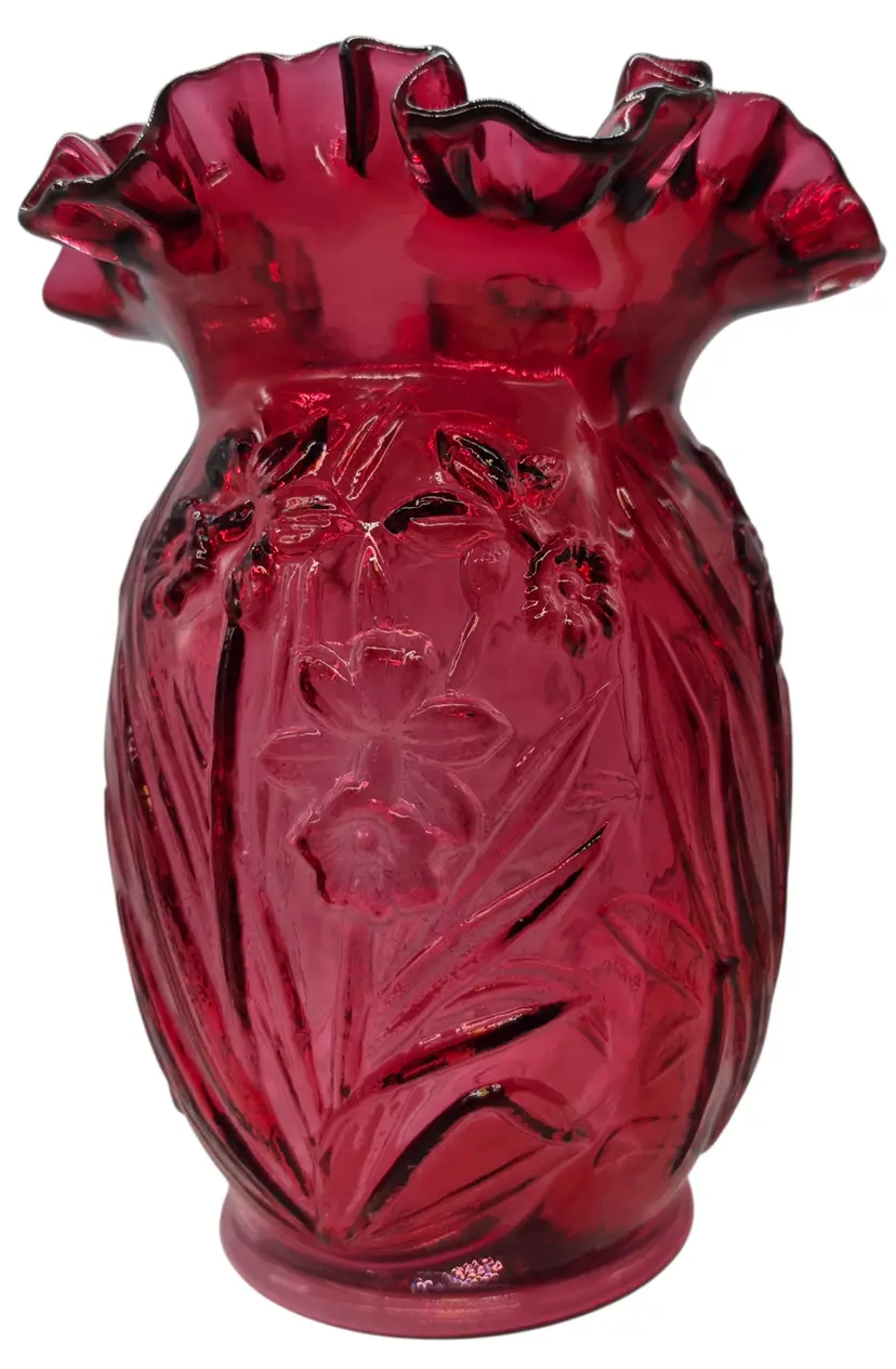 VINTAGE FENTON CRANBERRY RUFFLED DAFFODIL VASE CRIMPED RUFFLED TOP 8" TALL