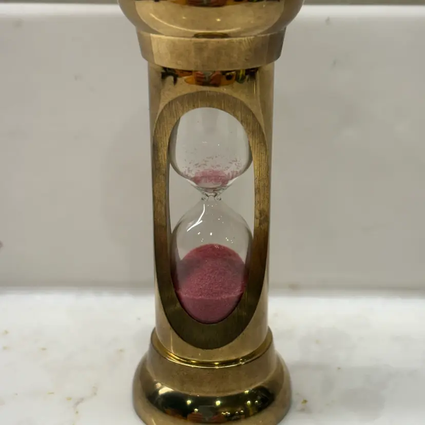 Vtg Solid Brass Hourglass Sand Timer Pink Sand - 3.5" Egg Tea Timer - Works!