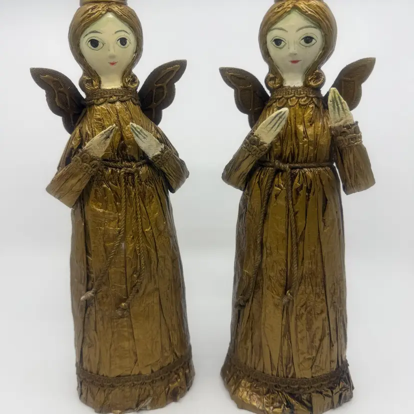 Pair Of Vintage Gold Paper Mache Christmas Angel Candle Holders Japan 11”