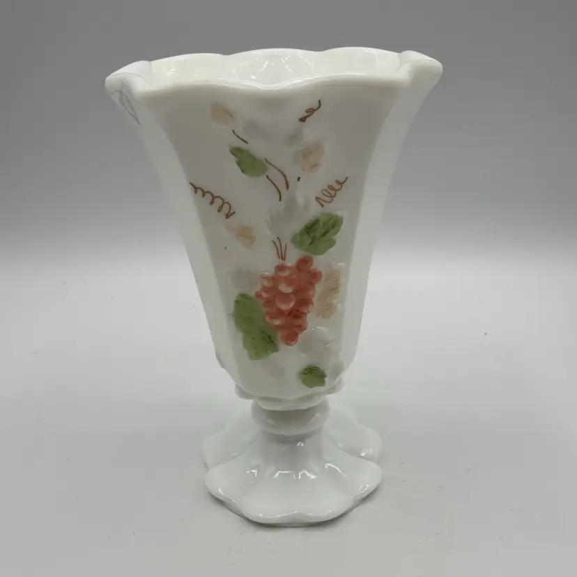 Westmorland Milk Glass Vase Hand Painted Grapes And Leaves