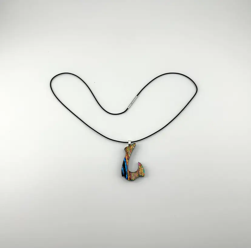 Dichroic Glass Hei Matau Pendant on Waxed Braided Leather Cord 16”