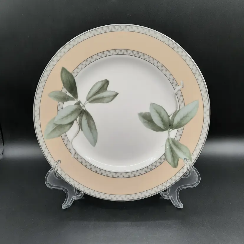 222 Fifth Chelsea Dinner Plate Pale Yellow Rim Light Green Leaves