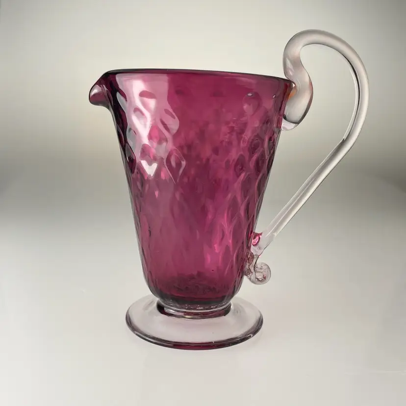 Venetian Glass Footed Pitcher Cranberry Diamond Optic & Gold Aventurine Handle 50s 60s Vintage Italy 5”