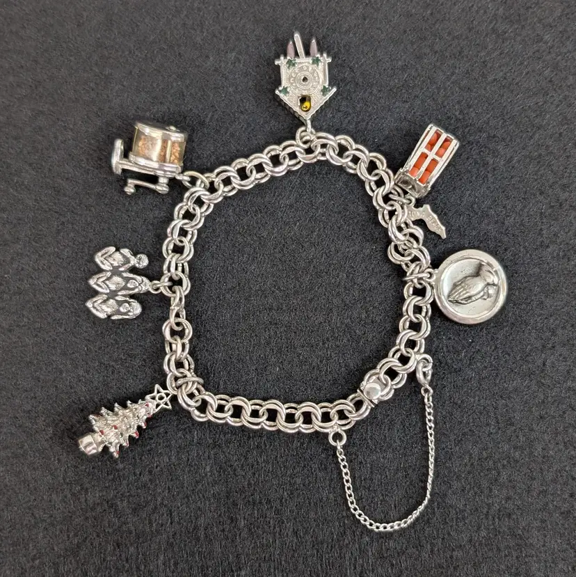 Vintage Sterling Silver Charm Bracelet Articulated Pencil Sharpener Cuckoo 7.5"