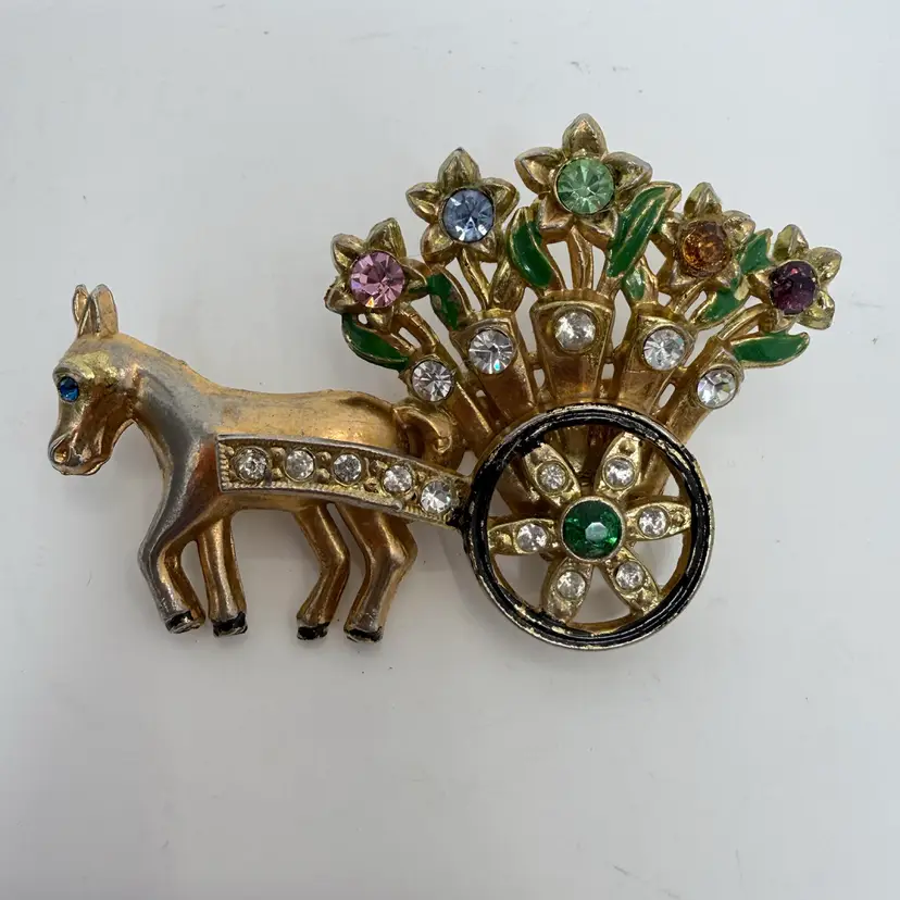 Donkey And Flower Cart Figural Brooch, Longcraft