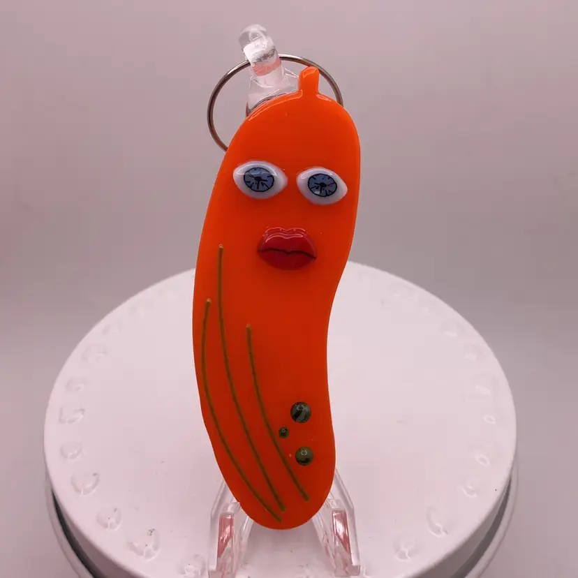 Made by Me! Fused Glass Scary Eyes Without a Face “In a Pickle" Ornament 3.25” Handcrafted Studio Art