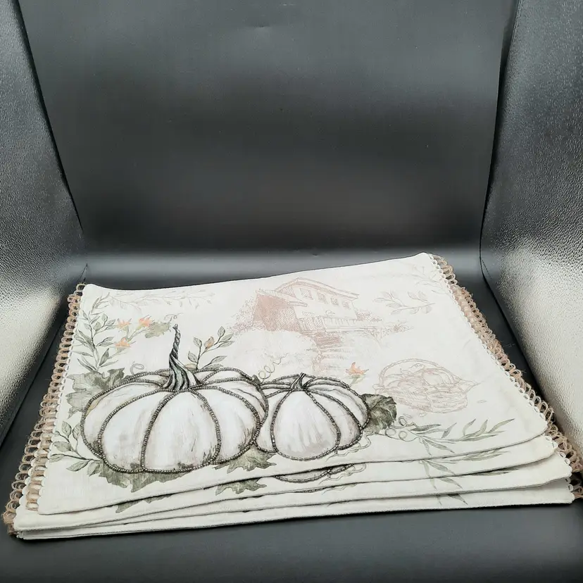 Pumpkin Country Placemats Beaded Accents & Rope Loop Fringe Set of 4 India