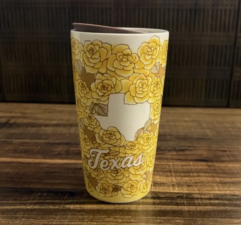 Starbucks TEXAS 12 oz Ceramic Travel Cup Yellow Rose Tumbler Mug W/Lid 2021