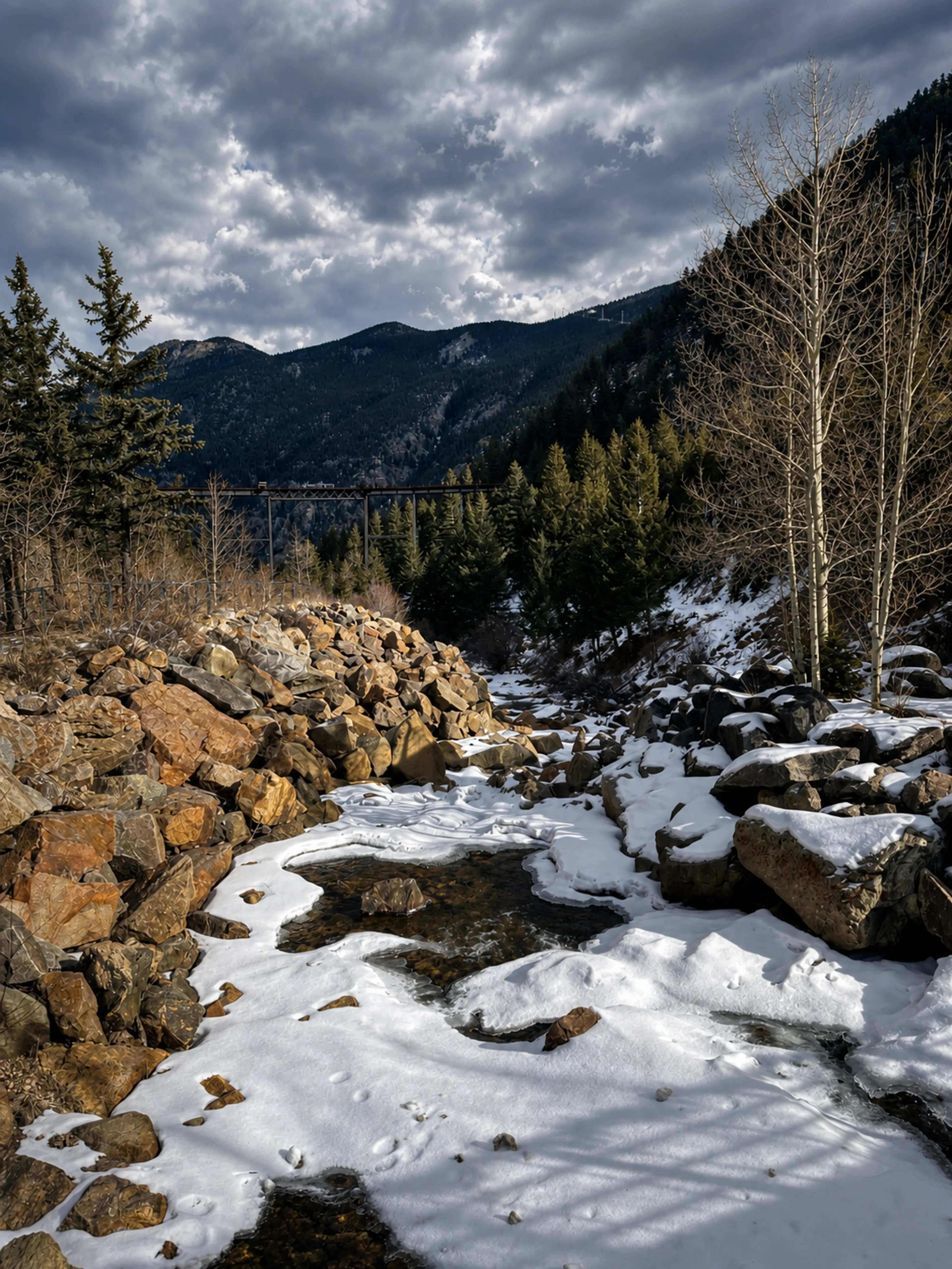 Snowy mountain landscape with creek