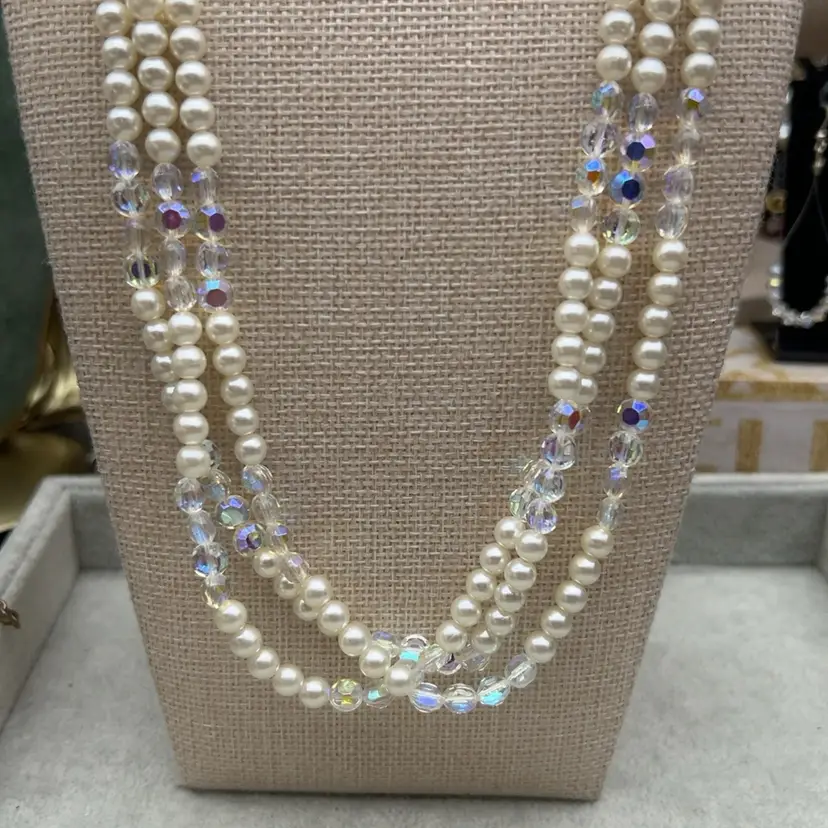 Vintage 24” Multi Strand Faux Pearl AB Crystal Bead Necklace