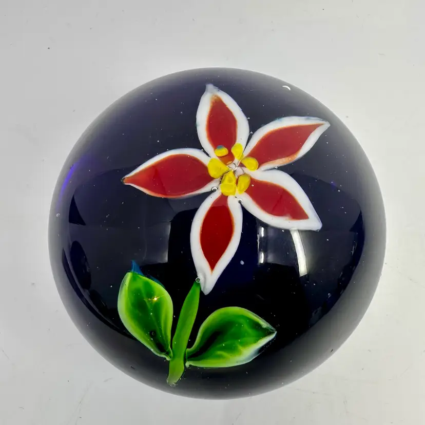 Cobalt Blue Floral Art Glass Paperweight Unsigned
