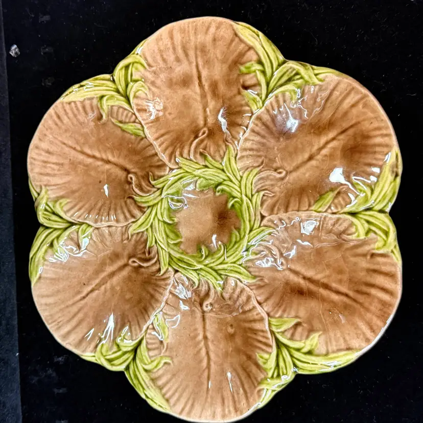 Antique French Majolica Oyster Plate Brown Green Floral 6-Well 8.75" A1247