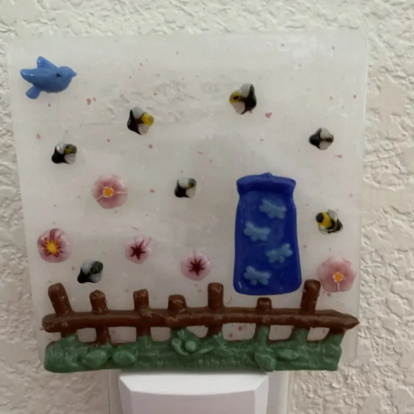 Made by Me! Fused Glass Nightlight Fireflies & Bees Design 4” x 4” Studio Art Handmade