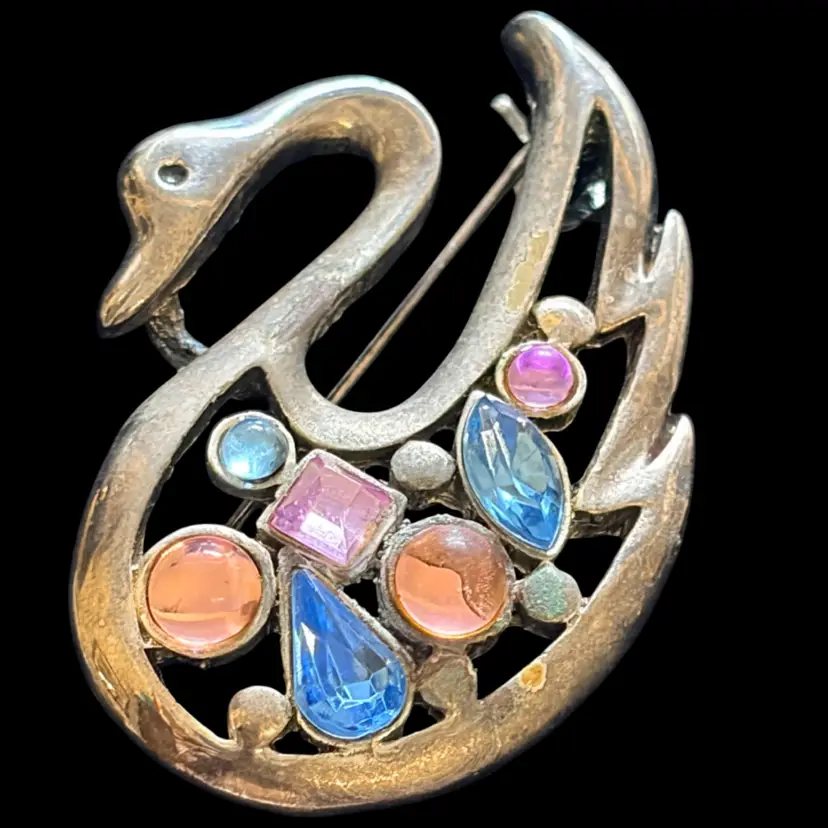 Silver Tone- Swan Brooch- Pastel Rhinestone- Glass Cabochons