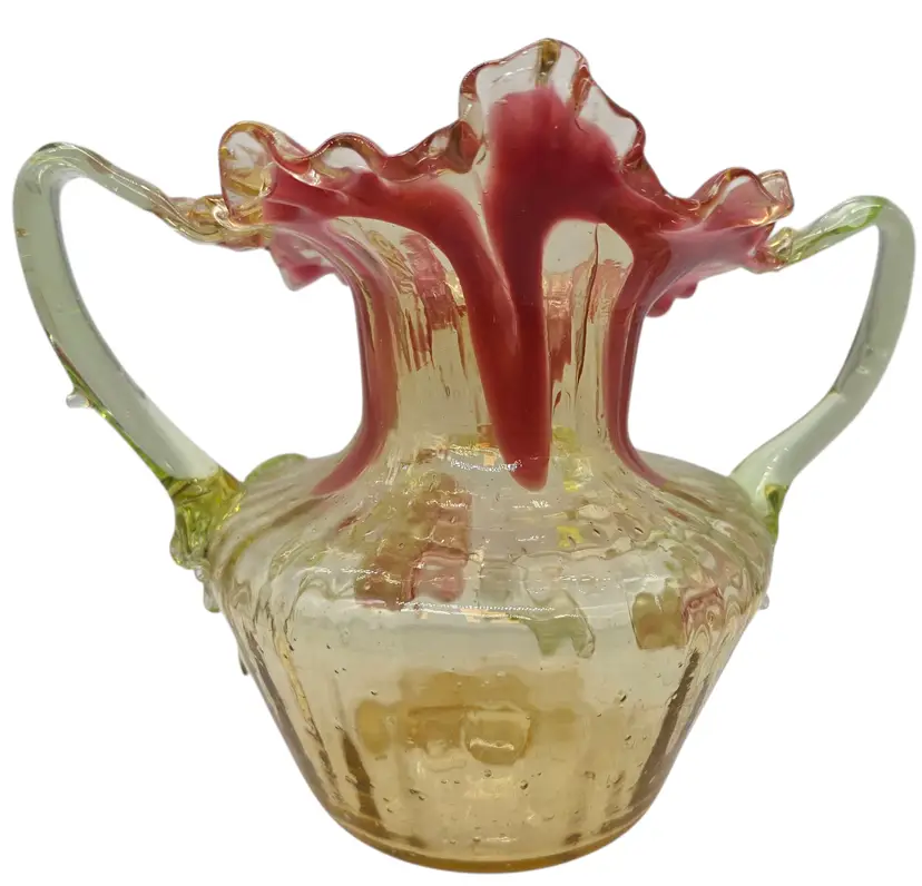 STEVENS & WILLIAMS VASELINE GLASS FLORAL DECORATED 2 HANDLED JIP VASE RIGAREE