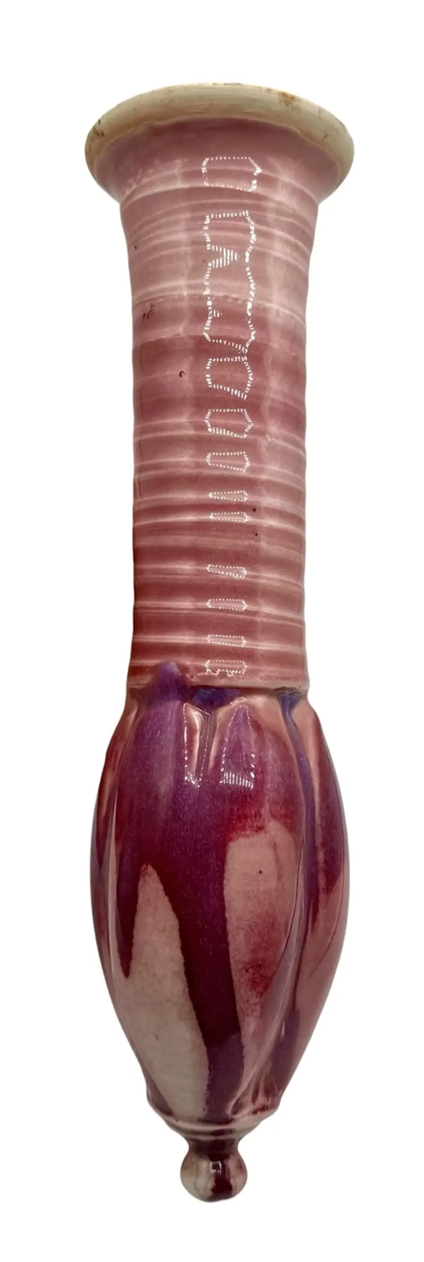 Signed Vintage Studio Art Pottery Hanging Wall Vase Mauve Pink Drip Glaze 13”