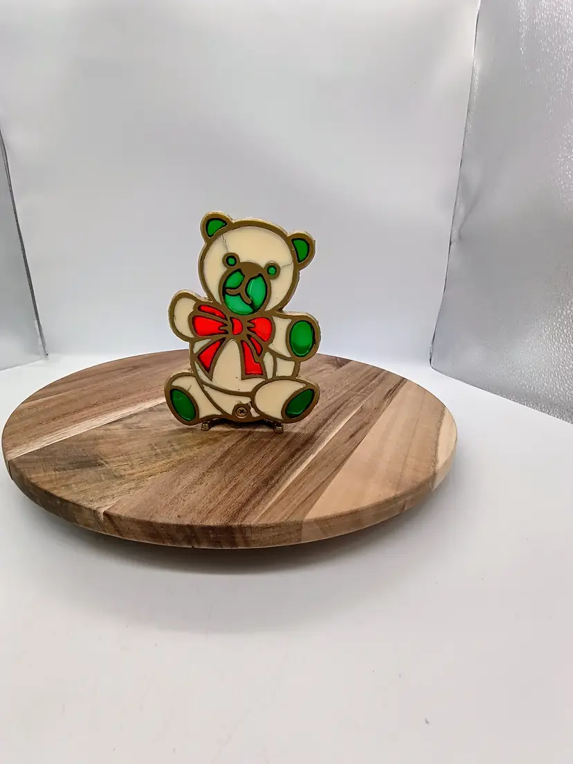 Vintage Christmas Teddy Bear Stained Glass Votive Tealight holder