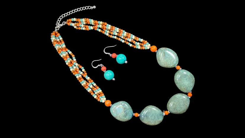 Vintage Necklace Earrings Set Faux Stone Multi-strand Aqua Orange #18 AS IS