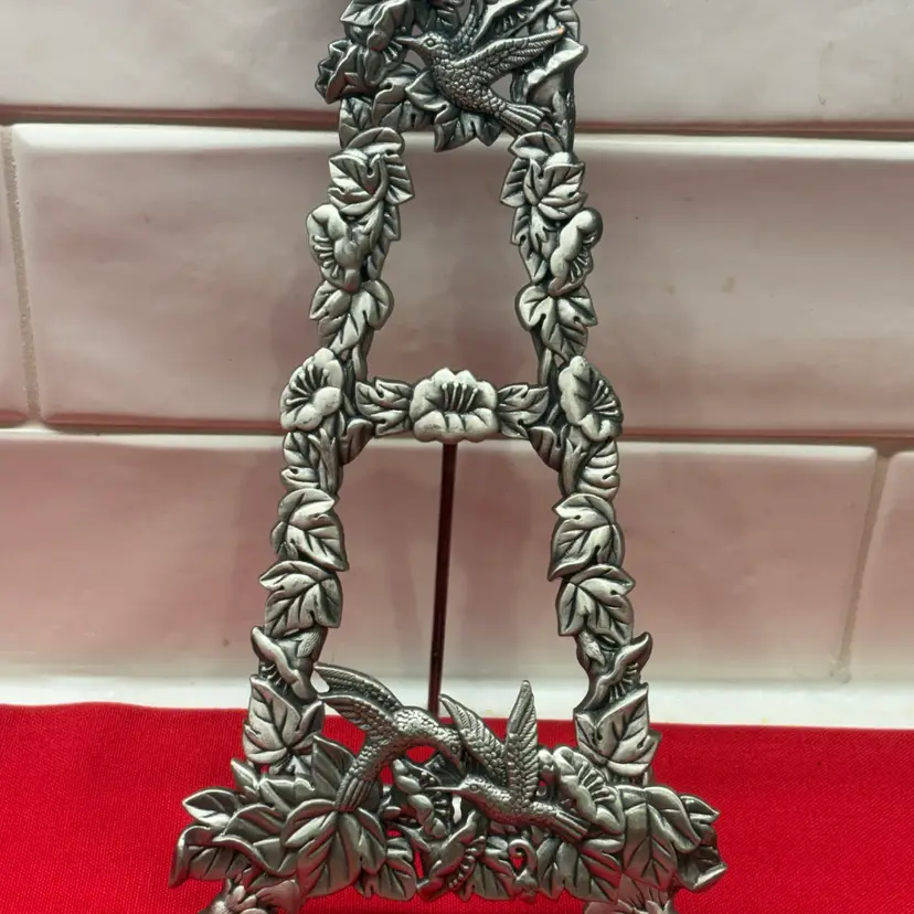 Vintage Ornate Pewter Hummingbird Floral Easel Plate Picture Display Stand 9.5x4