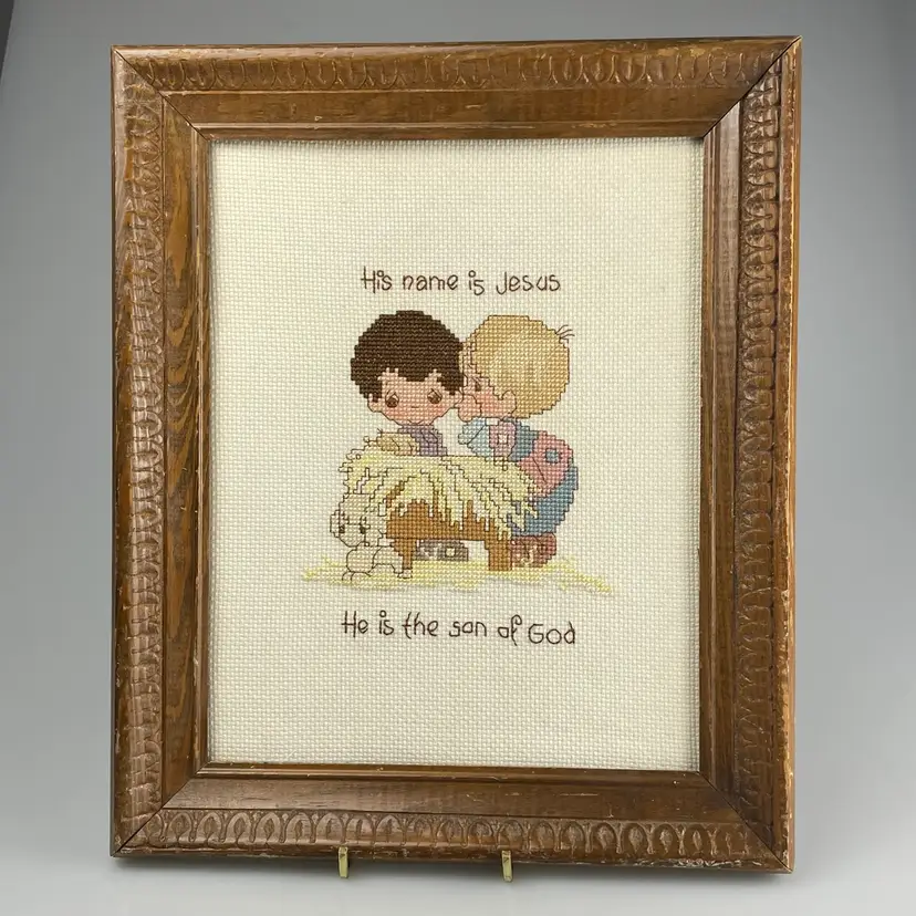 Precious Moments Framed Cross Stitch: His Name Is Jesus, He Is The Son Of God Vintage 10x12”