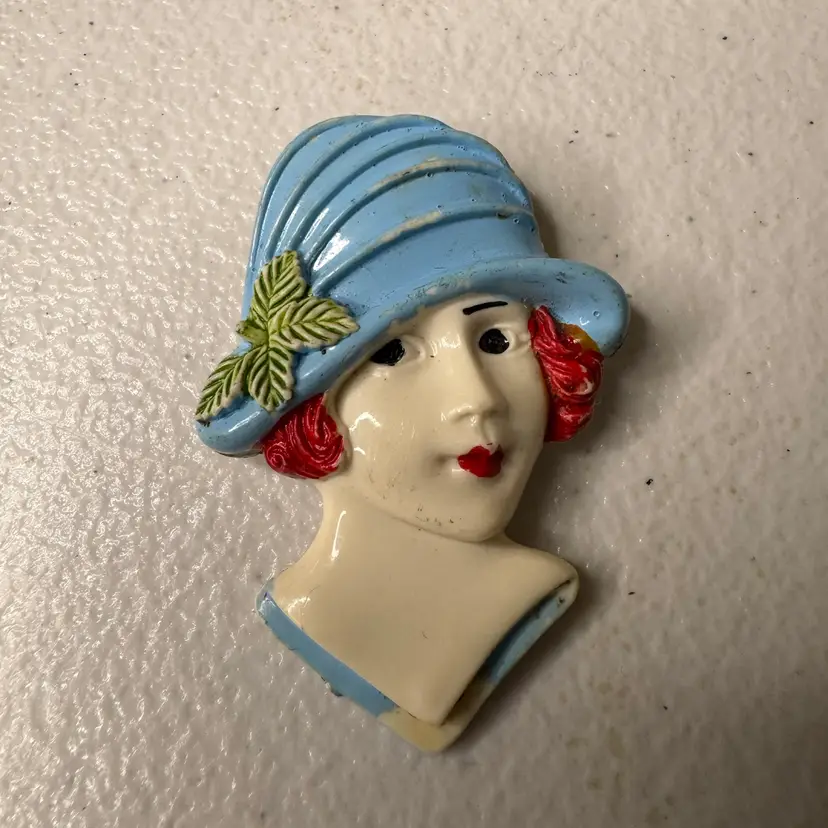 Vintage 70s 80s Hand Painted Plastic Flapper Girl Brooch Art Deco Lady Pin Blue Cloche Hat
