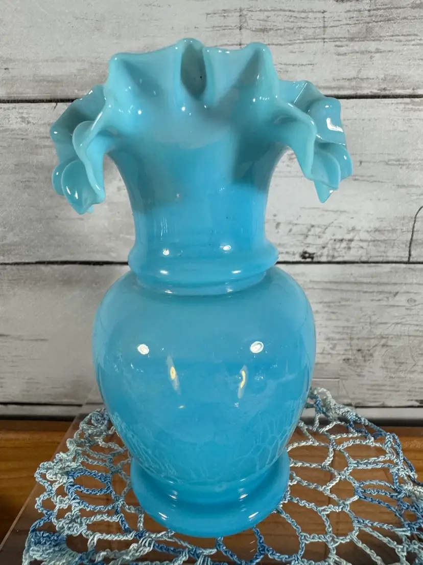 Vintage Blue Vase With Ruffled Edge