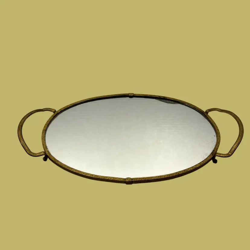 Brass Gold Tone Vanity Tray Oval Mirror  w/ Handles & Feet | 9.75”