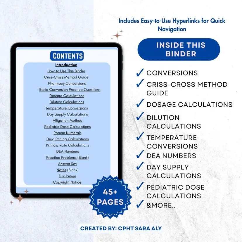 PTCB Pharmacy Math Binder PDF | Pharmacy Technician Study Guide + Practice Questions | CPhT Exam Prep