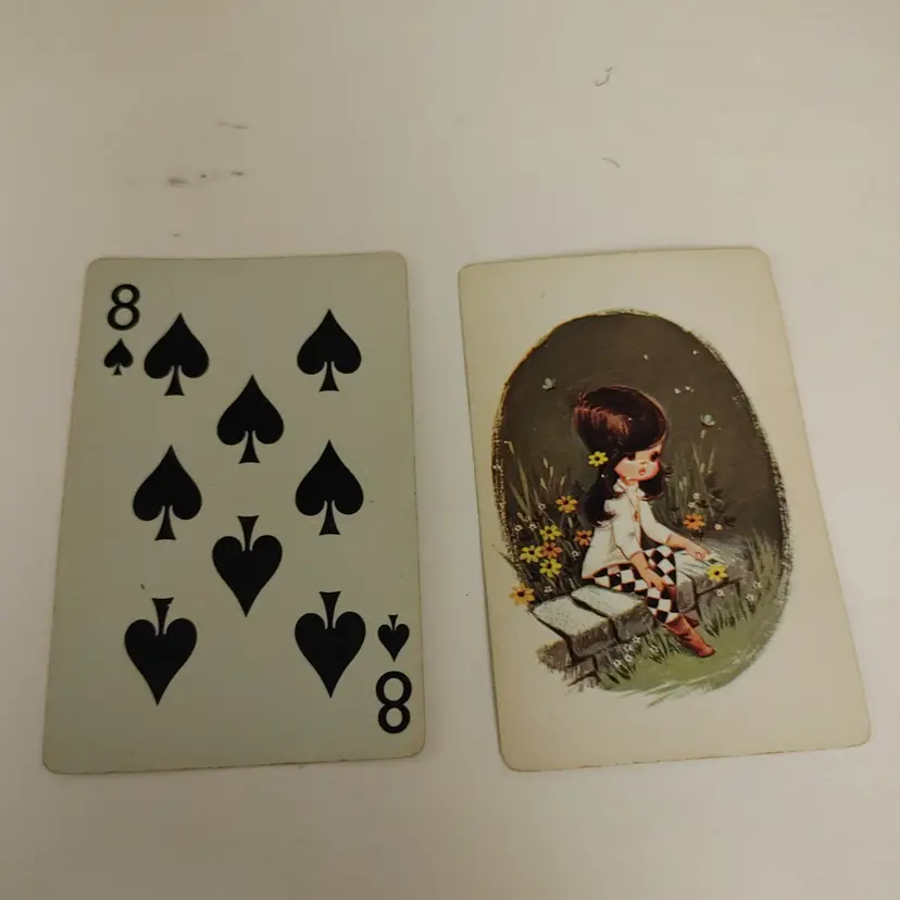 1 Single Swap Card - Playing Card. Vintage MCM Mod Harlequin Girl with Flowers. Made in MN. Dimension 2.5 x 3.5. Read description.