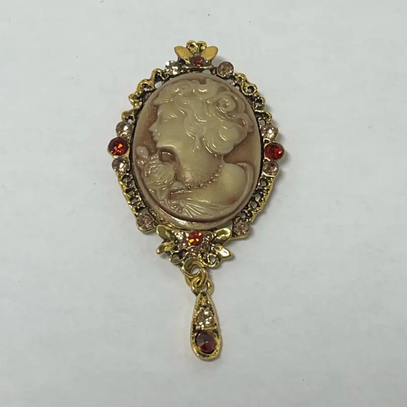 #18 - Cameo Brooch 3” Glass Rhinestones - STUNNER