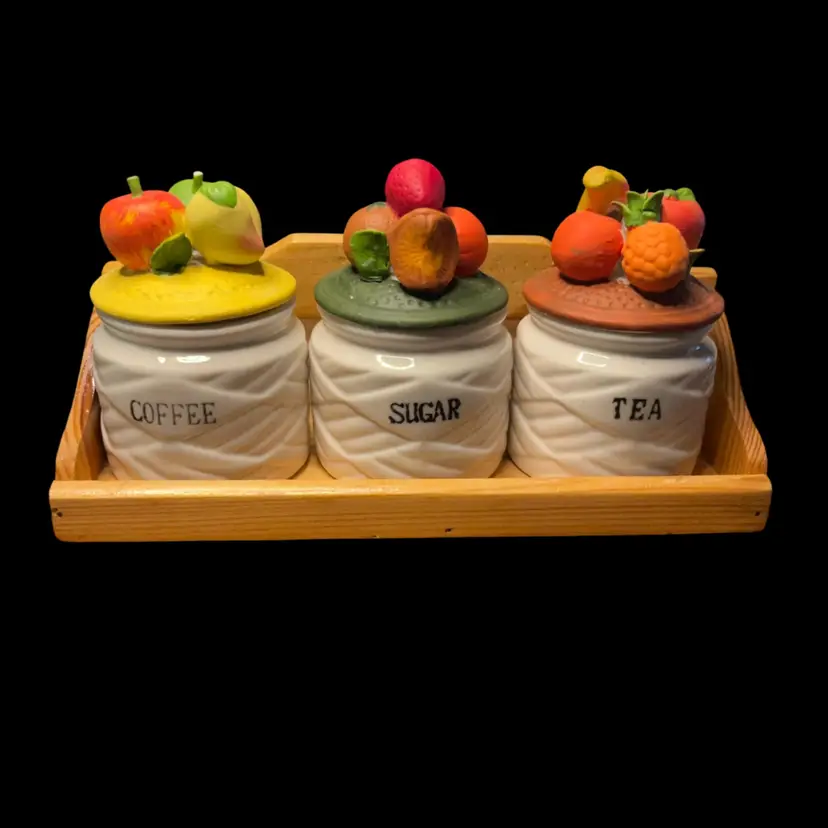 04. Vintage Ceramic Canister Set with Fruit Lids – 3 Kitchen Jars with Wooden Rack, Retro Farmhouse Decor 10” Wide