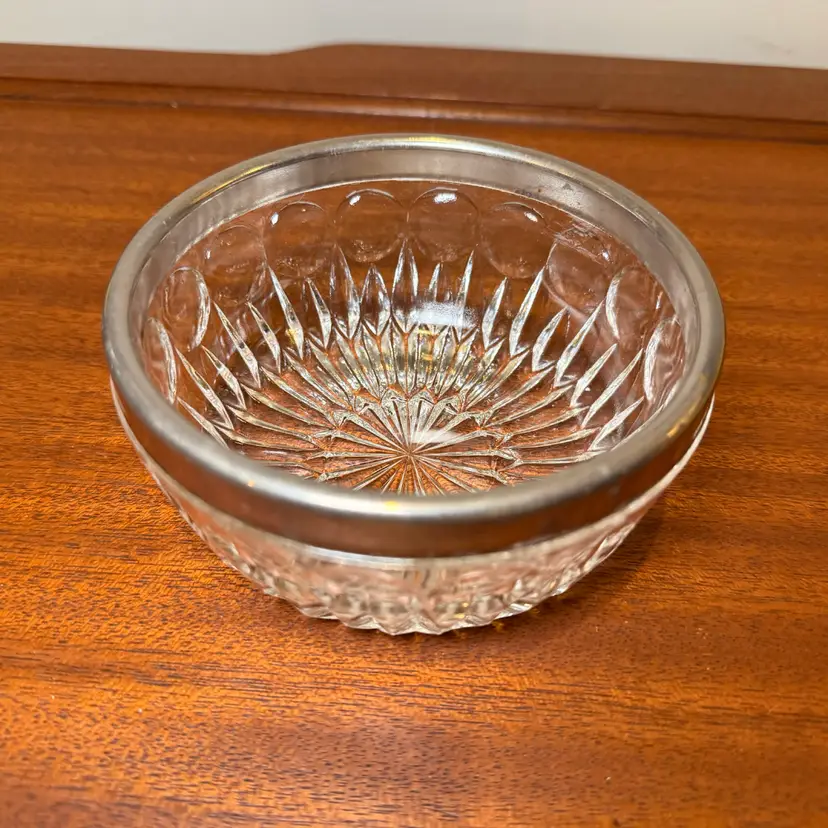 Cut Glass Salad / Fruit Bowl Starburst Silver-plate Trim