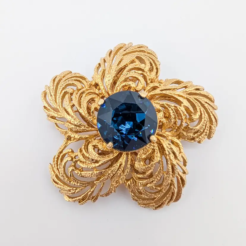 Vintage Mid Century BENEDIKT Gold Tone with Blue Faceted Glass Brooch Pin